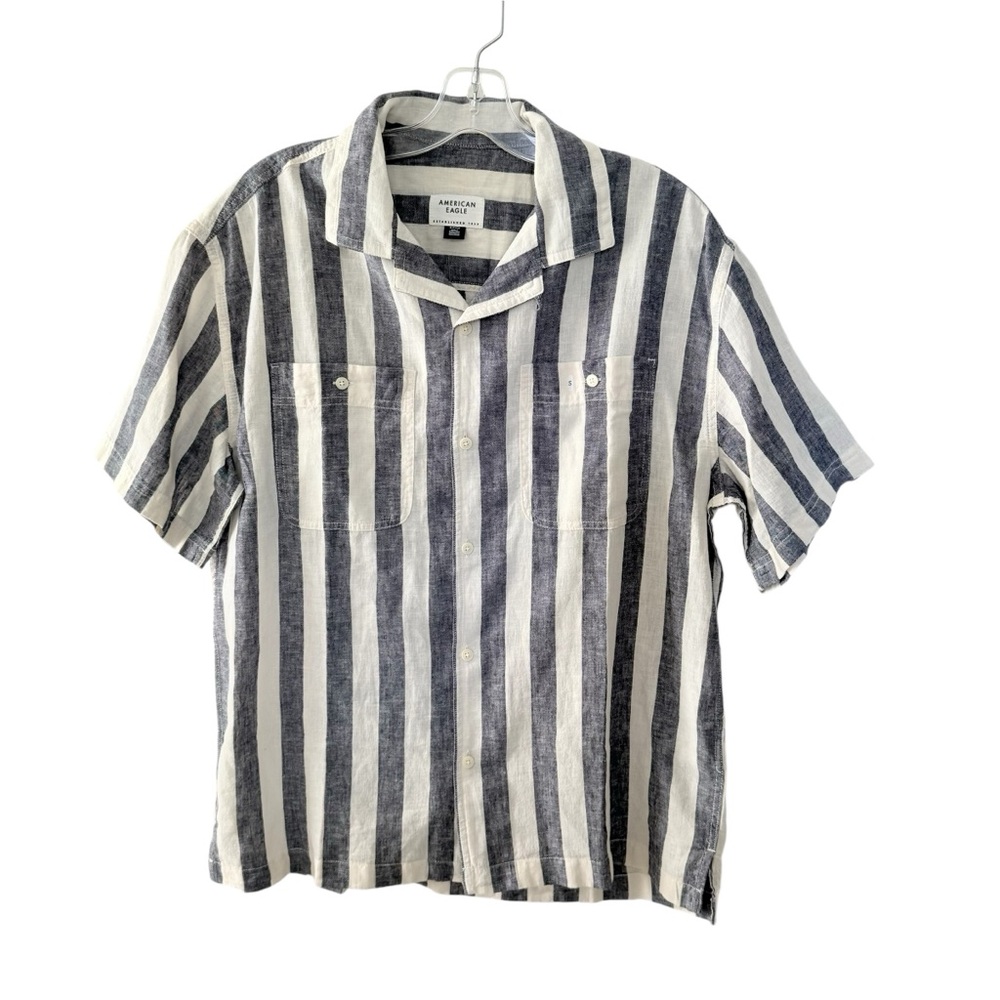 American Eagle Linen Blend Men’s Button Up Shirt Cream Grey Striped Size Small